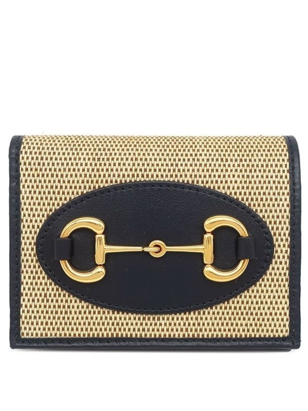 Gucci Bifold Wallet Horsebit 1955 Canvas Leather Beige Navy Gold Compact Coin